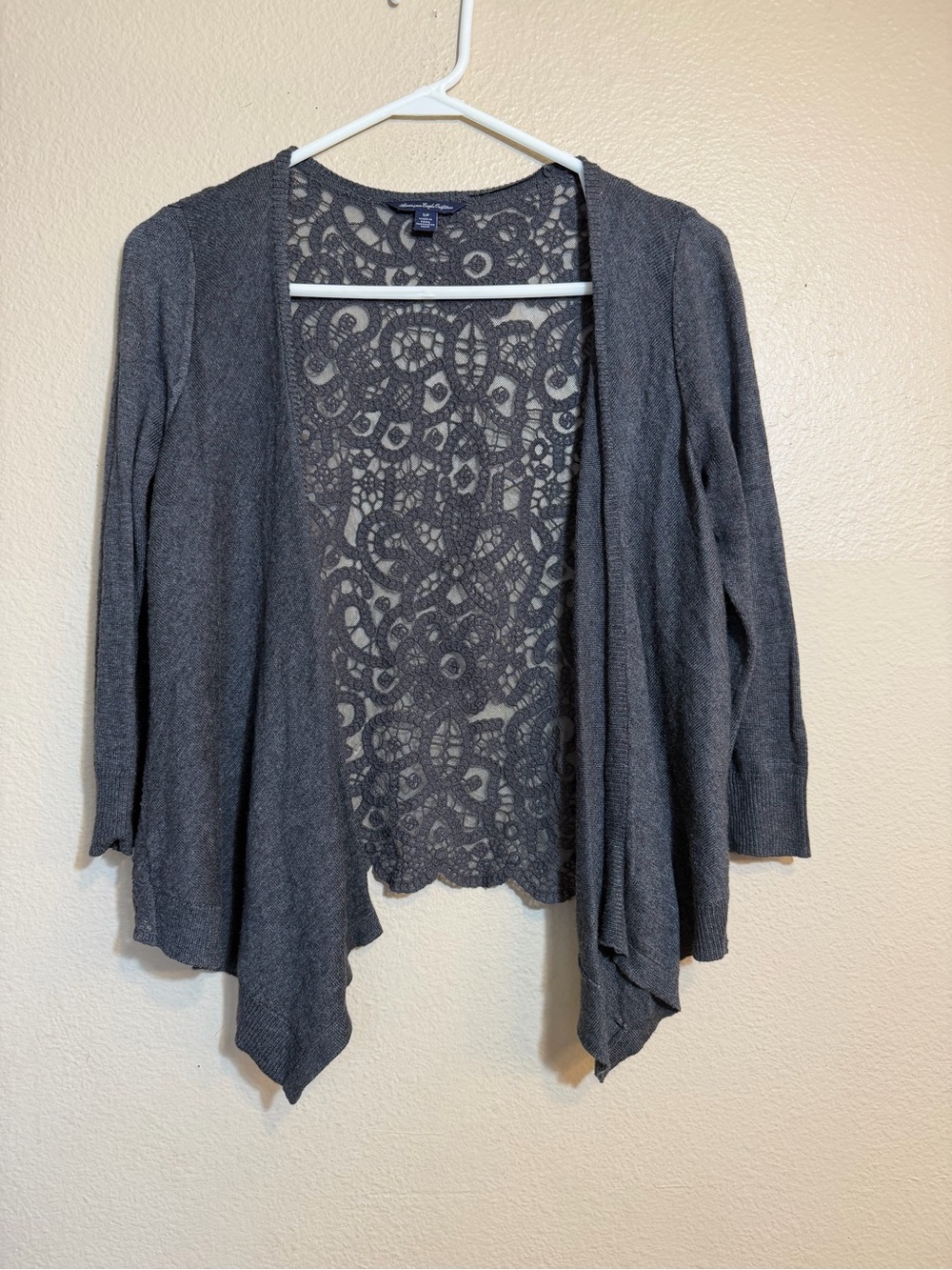 American Eagle Outfitters Gray Lace-Back Open Cardigan